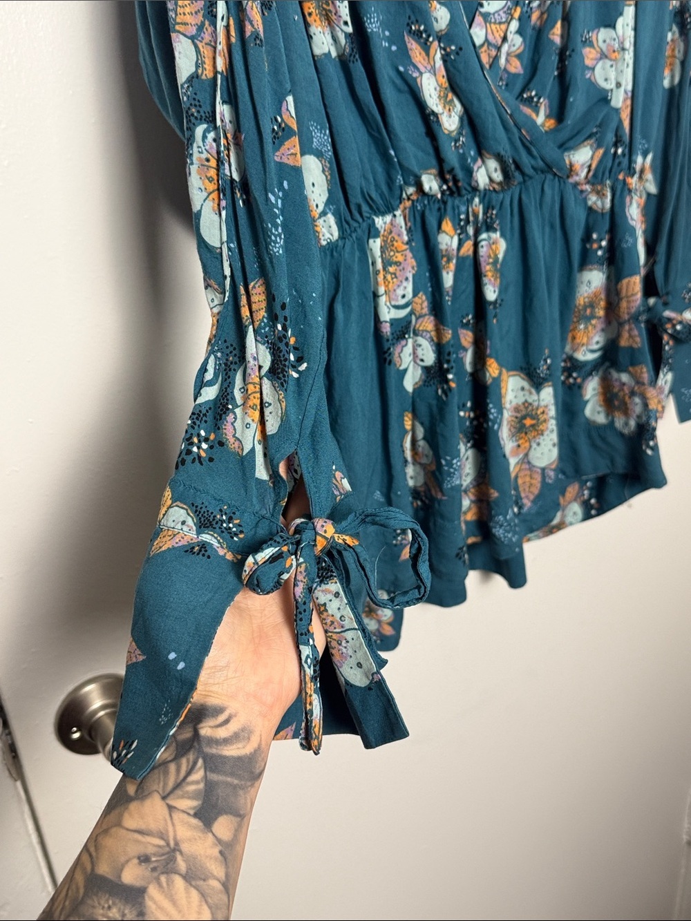 Free People Tuscan Dreams Floral Tunic Mini Dress Teal Blue Faux Wrap - Picture 8 of 11
